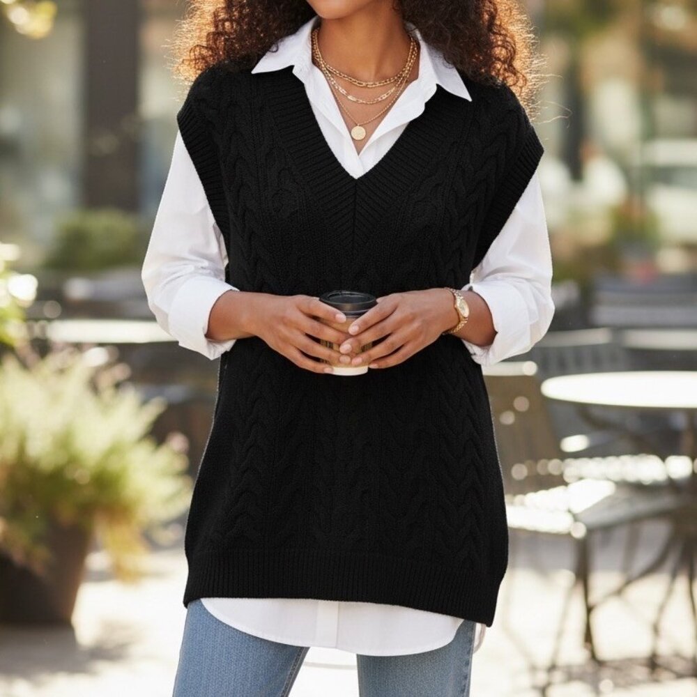 Vince Black Cable-Knit V-Neck Sweater Vest